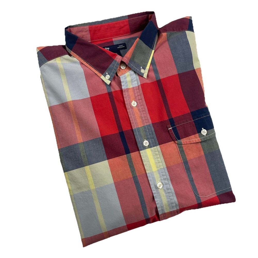 Gap Men’s Button Up Long Sleeve Madras Plaid Red-XL